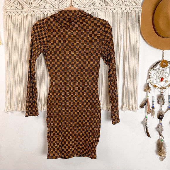 Zara Retro Checker Print Ruched Button Long Sleeve Collar Dress Size Small - Picture 3 of 10